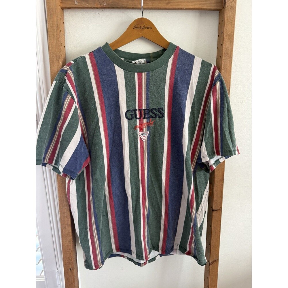 Vtg. Guess Originals Mens Rugby Style Striped T-shirt S Logo Spell Out Y2k '90's